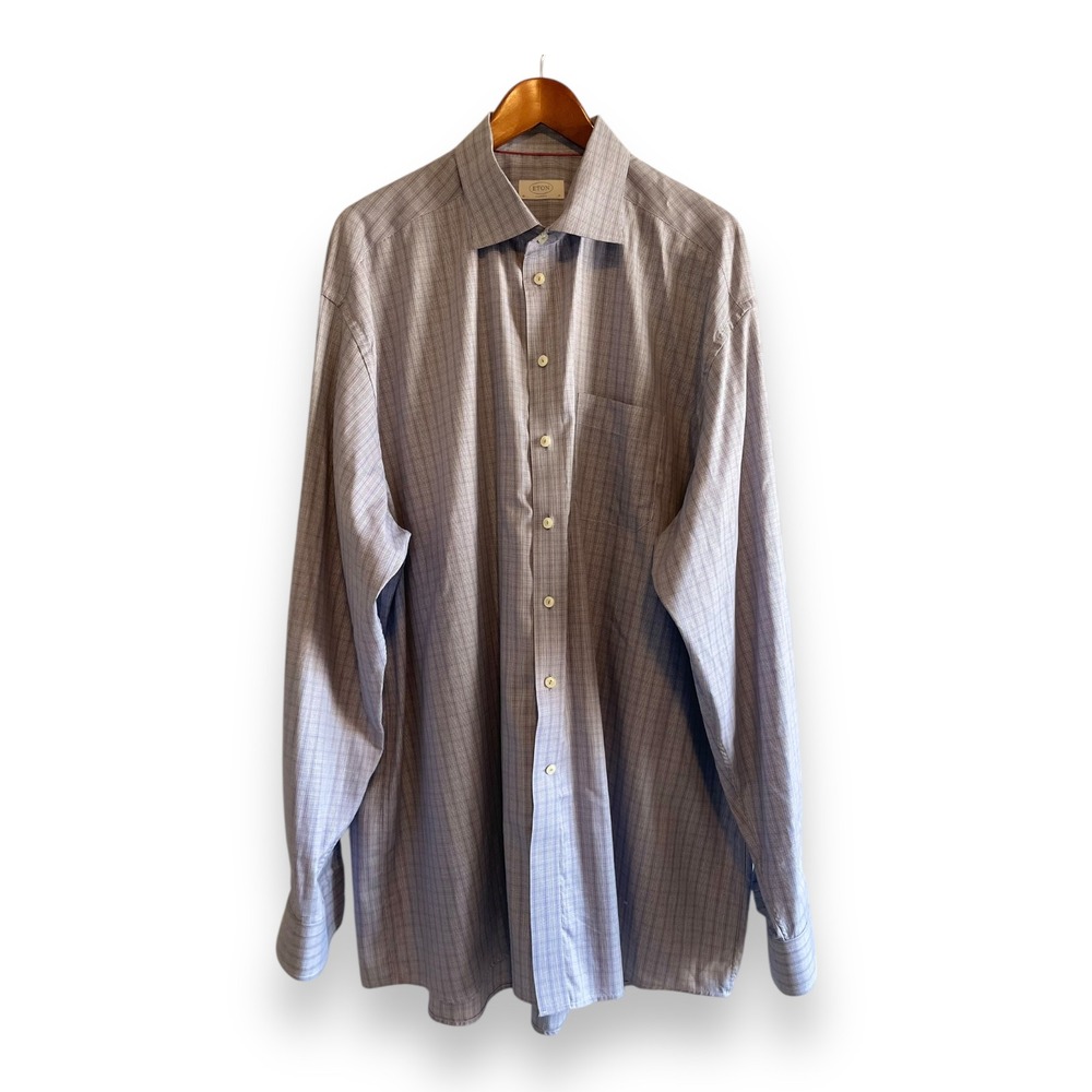 Eton Classic Fit Dress Shirt Men's 18 46 2XL Blue Glen Plaid Check Long Sleeve